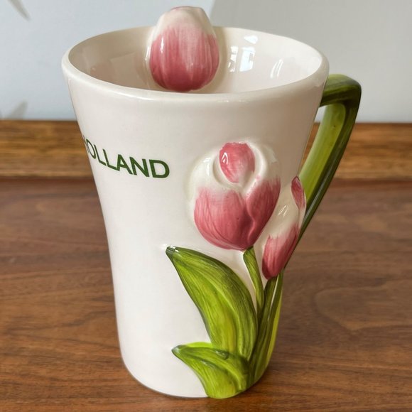Pivera Vintage Tulip Mug "Holland" | Pink Flowers 3D Dutch Hand-Painted Easter - Picture 2 of 15